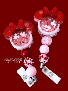 Pink and red Minnie badge reel